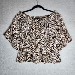 Shyanne Leopard Print Off-Shoulder Smocked Tunic Size M Beige Black Top